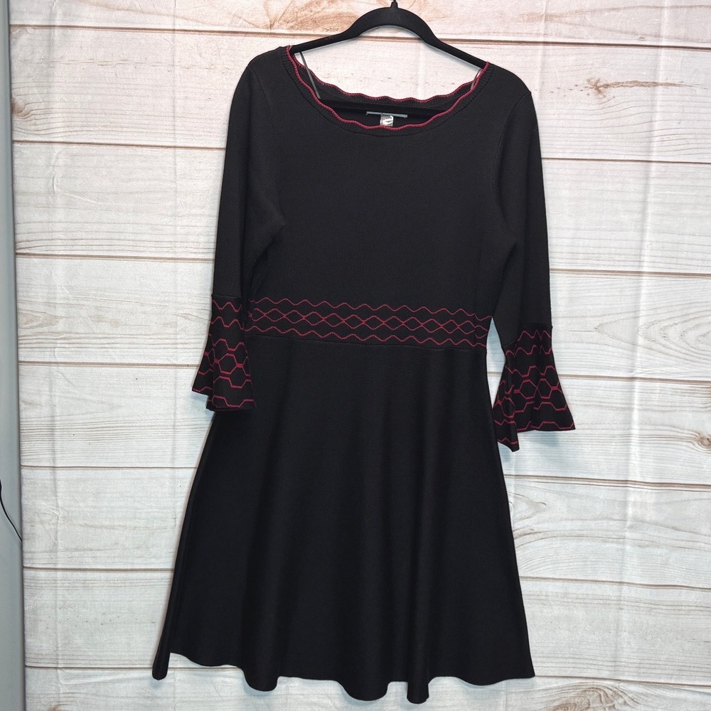 Danny and Nicole Black Red Embroidered Fit Flare‎ Sweater Dress Bell Sleeve L